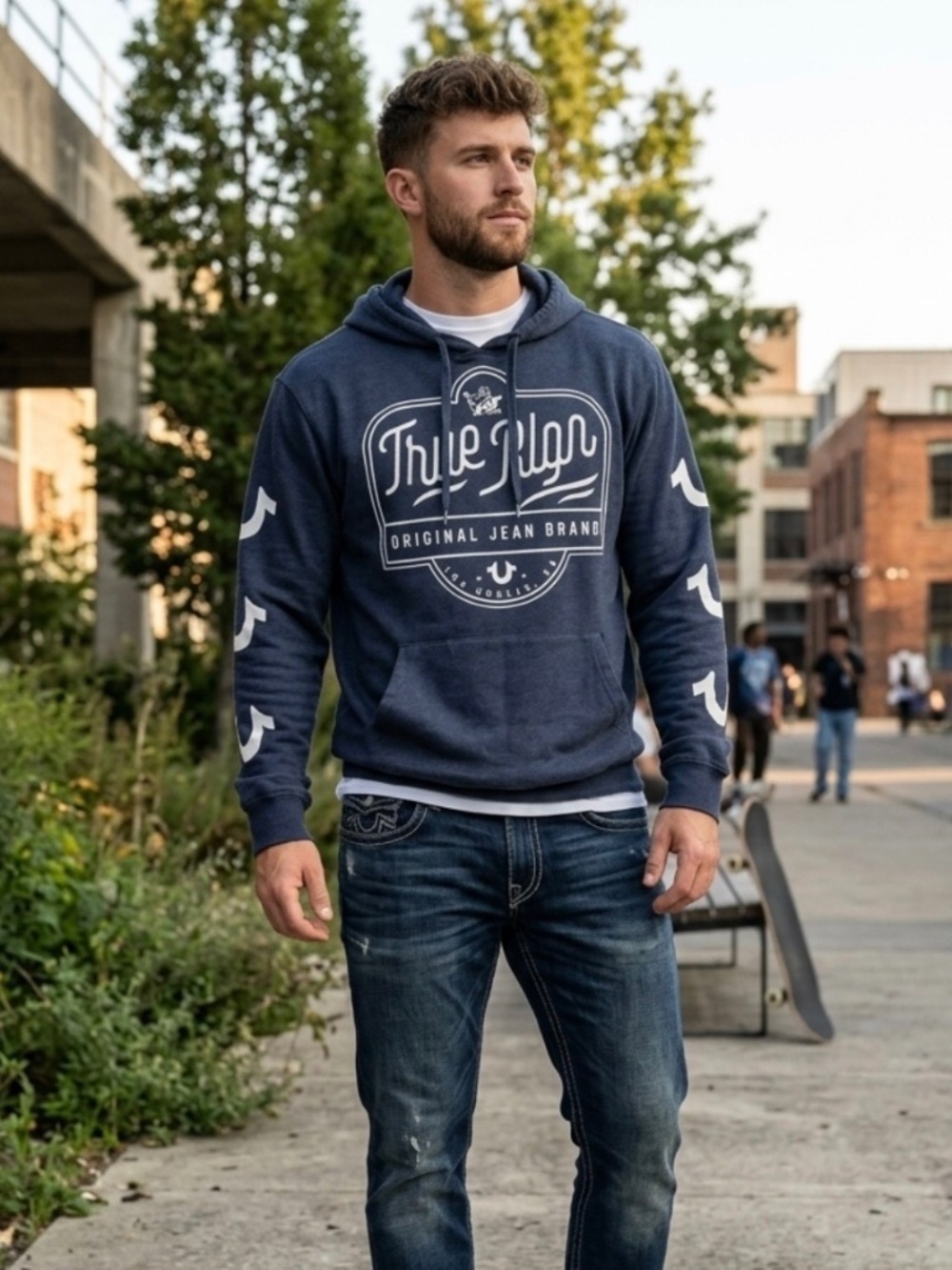 True Religion Buddha Blu Logo Pullover Hoodie L Y2K Gorpcore Graphic Streetwear